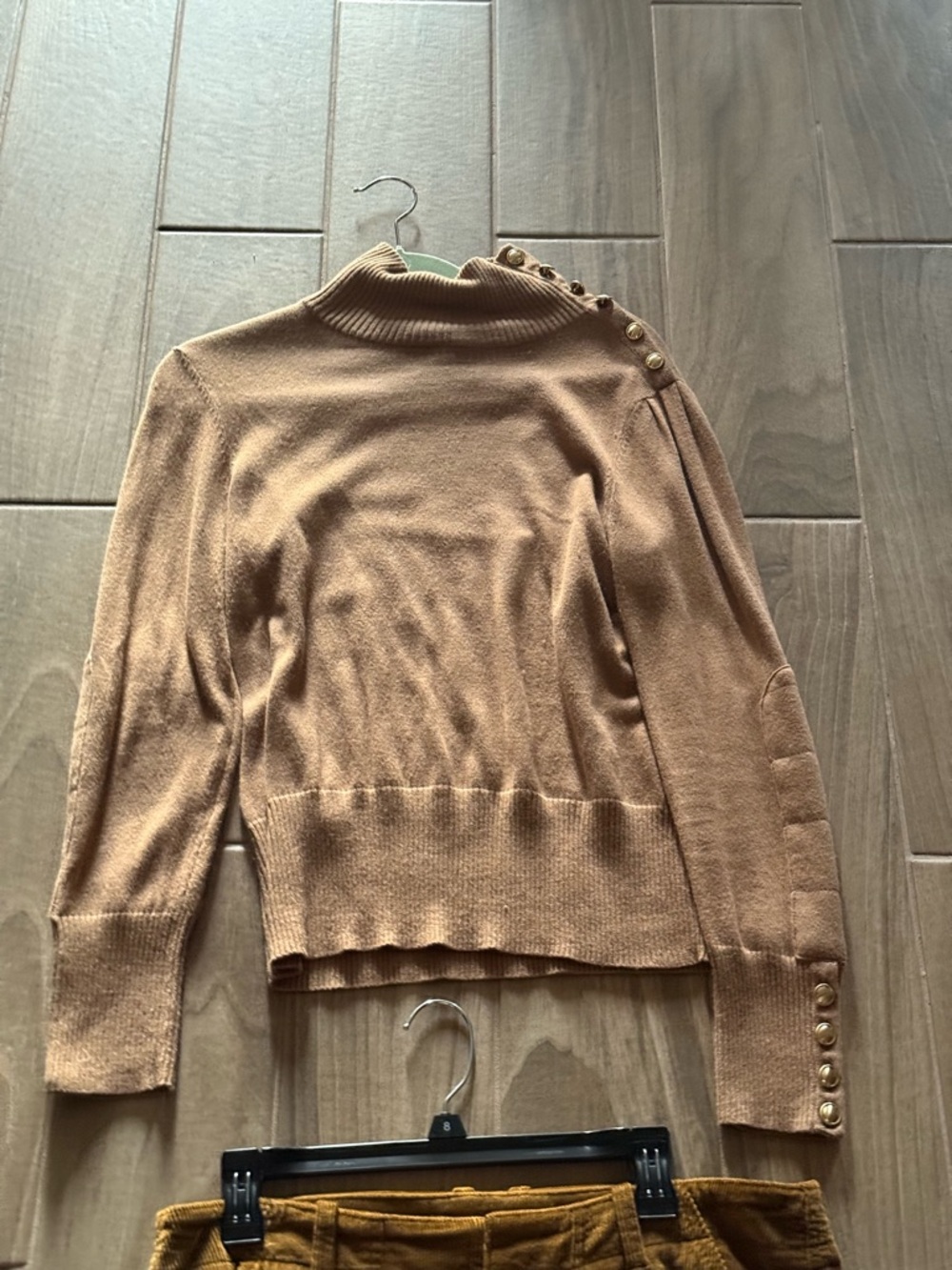 Classic Button-Shoulder Crewneck Sweater in Camel